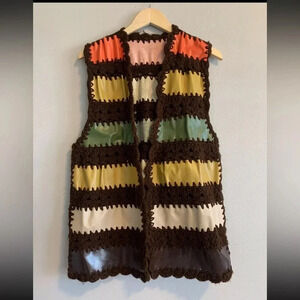 Vintage Hand Knit Vest Size M Colorful patchwork Grannycore Boho Hippie Teacher